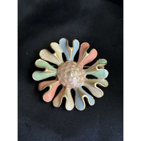 Vintage Pastel Tones Enamel Flower Brooch Pin Brush Gold Tone Modern Design 1.5" - Picture 3 of 9